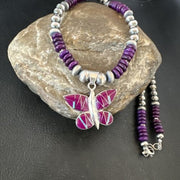 Navajo Butterfly Purple Sugilite Pendant Necklace | Sterling Silver Inlay | Authentic Native American Handmade | 16761