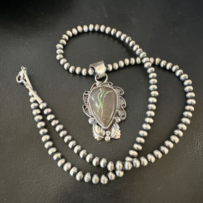 Navajo Green Boulder Turquoise Pendant Necklace | Sterling Silver | Men's Women's | 16135