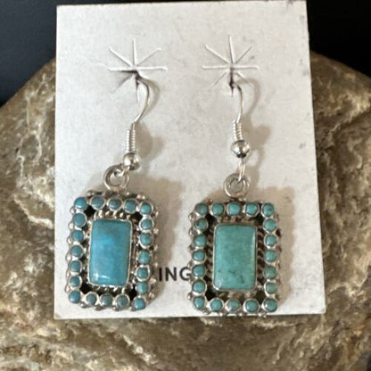 Navajo Blue Turquoise Dangle Earrings | Sterling Silver | Authentic Native American Handmade | 15439