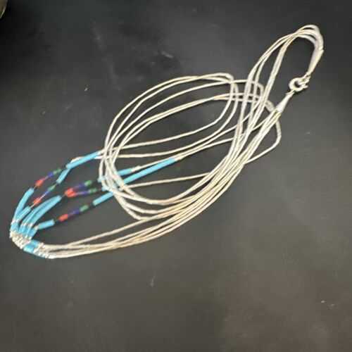 Multi-Color Liquid Silver Heishi Necklace | 5-Strand Sterling Tubes | 25" | 15137