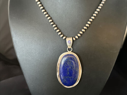 Men's Denim Lapis Lazuli Pendant Necklace | Navajo Beads | Sterling Silver | Authentic Native American Handmade | 15199