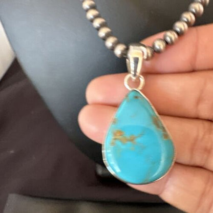 Navajo Blue Kingman Turquoise Pendant Necklace | Sterling Silver | 20" | Authentic Native American Handmade | 16674