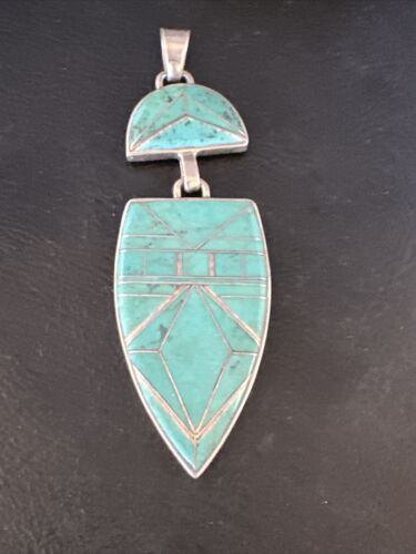 Navajo Sterling Silver Pendant with Gorgeous Blue Turquoise Inlay | Authentic Native American | 3.25" | 15178