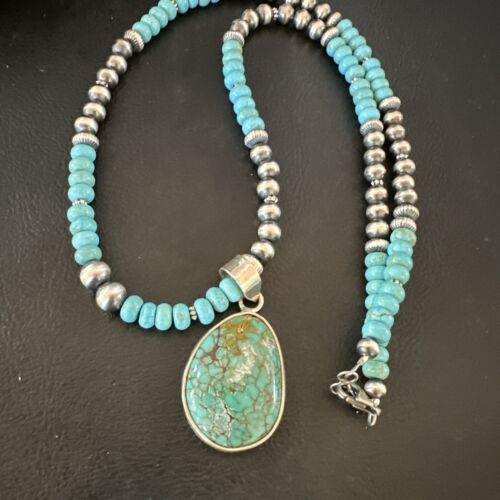 Navajo Blue Spiderweb Turquoise Pendant Necklace | Sterling Silver | Authentic Native American Handmade | 16936