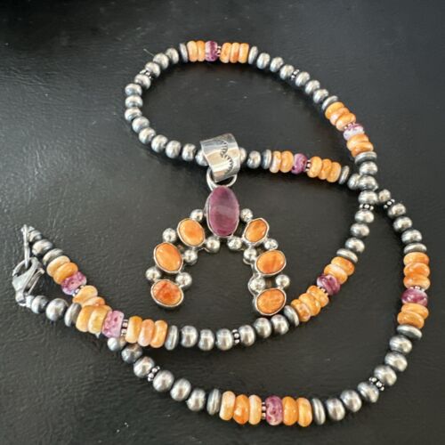 Navajo Pearls Orange Spiny Oyster Naja Pendant | Sterling Silver Necklace | Authentic Native American Handmade | 16802