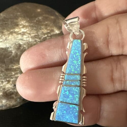 Navajo Blue Opal Inlay Pendant Necklace | Sterling Silver | Authentic Native American Handmade | 15671