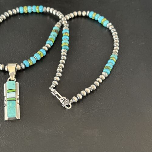 Navajo Green Gaspeite Turquoise Inlay Pendant Necklace | Sterling Silver | Authentic Native American Handmade | 16013