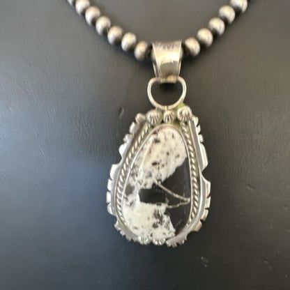 White Buffalo Turquoise Pendant | Navajo Pearls Sterling Silver Necklace | Authentic Native American Handmade | 17109