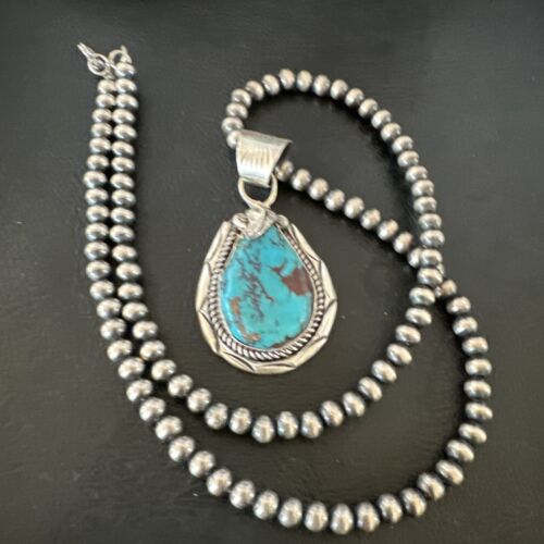 Navajo Blue Kingman Turquoise Pendant Necklace | Sterling Silver Pearls | Authentic Native American Handmade | 16024