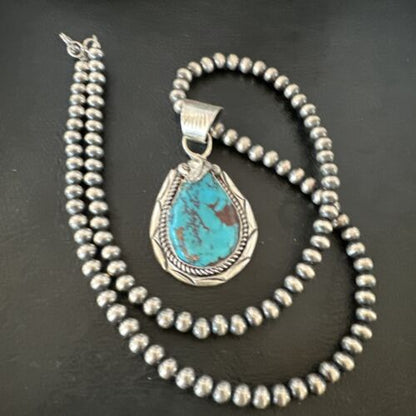 Navajo Blue Kingman Turquoise Pendant Necklace | Sterling Silver Pearls | Authentic Native American Handmade | 16024