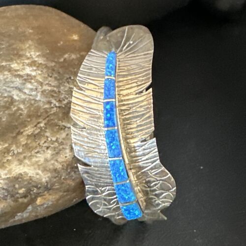 Navajo Sterling Silver Bracelet with Blue Fire Opal Inlay | 7" | Authentic Native American Handmade | 15070