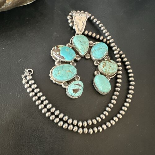 Navajo Blue Turquoise #8 Squash Blossom Naja Pendant Necklace | Sterling Silver | Authentic Native American Handmade | 16907