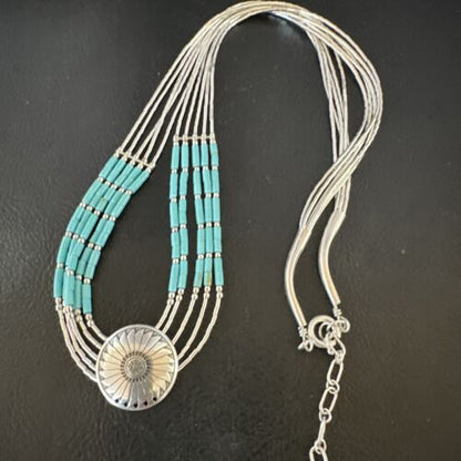 Navajo Blue Turquoise Heishi Concha Necklace | 5 Strand Liquid Sterling Silver | 20" | 15876