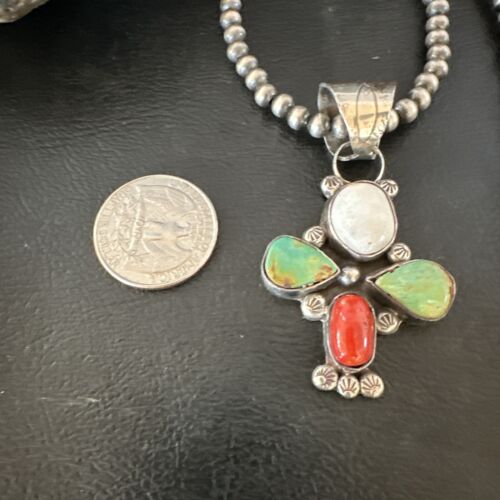 Navajo Green White Turquoise | Coral Pendant Necklace | Sterling Silver | Native American Handmade | 16831