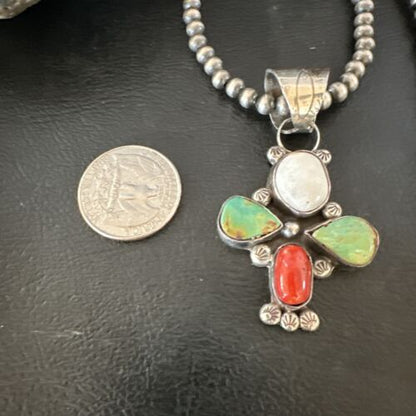 Navajo Green White Turquoise | Coral Pendant Necklace | Sterling Silver | Native American Handmade | 16831