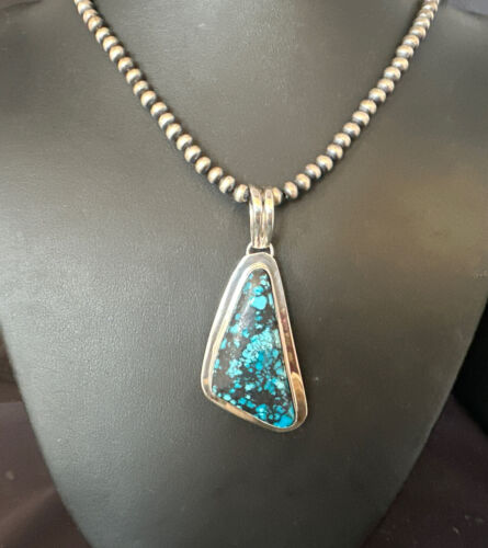 Men's Blue Spiderweb Turquoise Pendant Necklace | Navajo Sterling Silver | Authentic Native American Handmade | 14970