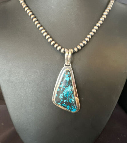 Men's Blue Spiderweb Turquoise Pendant Necklace | Navajo Sterling Silver | Authentic Native American Handmade | 14970