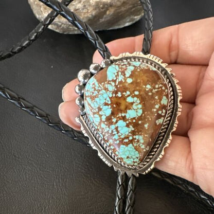 Men's Blue Turquoise #8 Bolo Tie | Navajo Sterling Silver | Authentic Native American Handmade | 16811