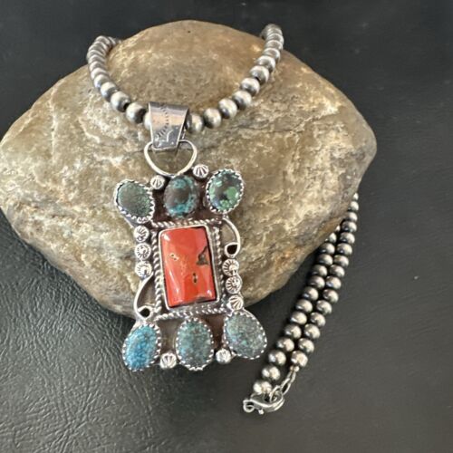 Navajo Turquoise Coral Cluster Pendant Necklace | Sterling Silver | Native American Handmade | 17185