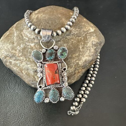 Navajo Turquoise Coral Cluster Pendant Necklace | Sterling Silver | Native American Handmade | 17185