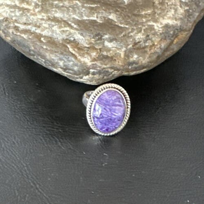 Navajo Purple Charoite Oval Ring | Sterling Silver | Adjustable Sz 9 | Authentic Native American Handmade | 17248