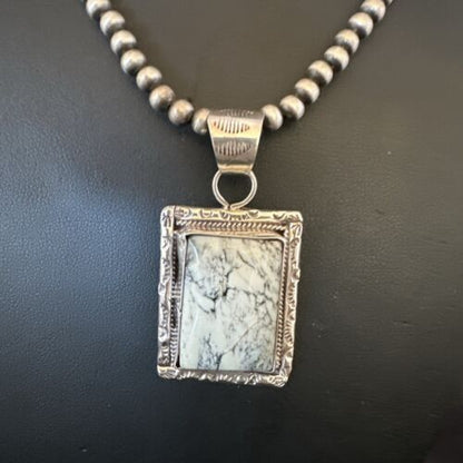 White Buffalo Turquoise Pendant | Navajo Pearls Sterling Silver Necklace | Authentic Native American Handmade | 17103