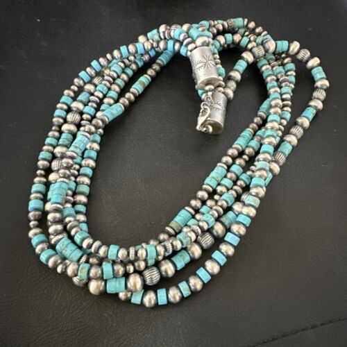 Navajo Sterling Silver 5 Strand 8mm Turquoise Heishi Necklace & Earrings Set | 20" | 17184