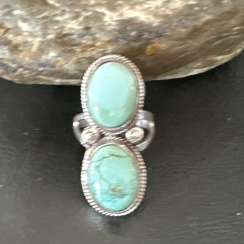 Navajo Blue Dry Creek Turquoise 2 Stone Ring | Authentic Native American Sterling Silver | Multi-Stone | Sz 10 | 16739 - Masha USA
