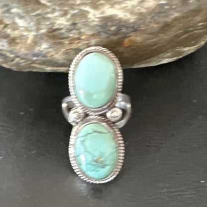 Navajo Blue Dry Creek Turquoise 2 Stone Ring | Authentic Native American Sterling Silver | Multi-Stone | Sz 10 | 16739 - Masha USA