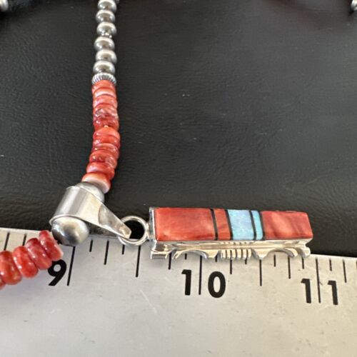 Navajo Red Spiny Oyster Opal Pendant Necklace | Sterling Silver Inlay | Authentic Native American Handmade | 16885