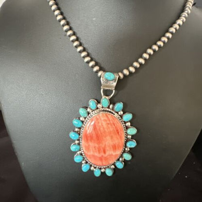 Navajo Kingman Turquoise & Red Spiny Oyster Pendant Necklace | Sterling Silver | 16014