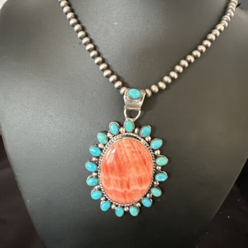 Navajo Kingman Turquoise & Red Spiny Oyster Pendant Necklace | Sterling Silver | 16014
