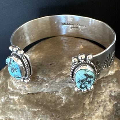 Kingman Turquoise Stamped Cuff Bracelet | Navajo Sterling Silver | Authentic Native American Handmade | 17461