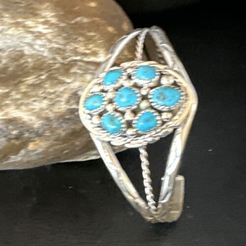 Navajo Blue Turquoise Cluster Bracelet | Sterling Silver | Authentic Native American Handmade | 15069