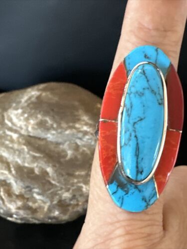 Native American Navajo Blue Turquoise Spiny Oyster Inlay Band Ring | Sz 9 | 16431