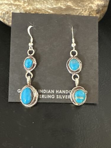 Kingman Turquoise Dangle Earrings | Navajo Sterling Silver | Authentic Native American Handmade | 14870