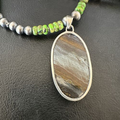 Navajo Green Turquoise Jasper Pendant | Sterling Silver Necklace | Authentic Native American Handmade | 16922