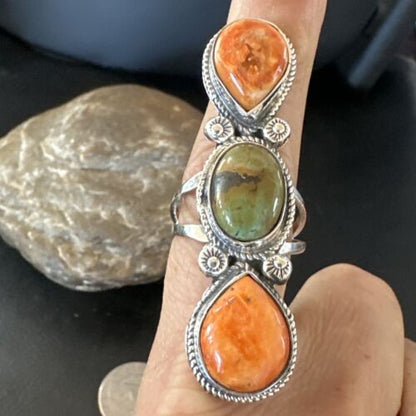 Navajo Green Turquoise Spiny Oyster Multi-Stone Ring | Authentic Native American Sterling Silver | Sz 10 | 16714