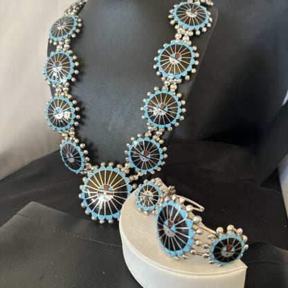 Zuni Ultra Rare Sunface Onyx Turquoise Inlay Squash Blossom Necklace Bracelet | Sterling Silver | 16679