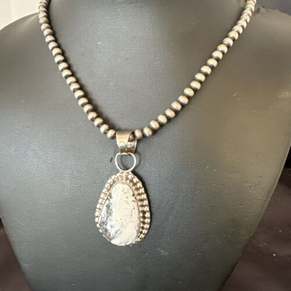 White Buffalo Turquoise Pendant | Navajo Pearls Sterling Silver Necklace | Authentic Native American Handmade | 17108