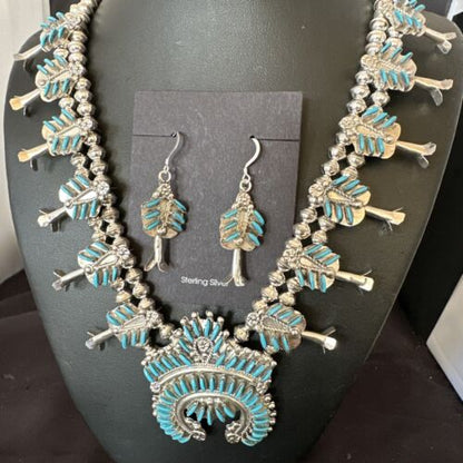 Zuni Turquoise Squash Blossom Necklace with Naja Earrings | Sterling Silver Needlepoint | 16540