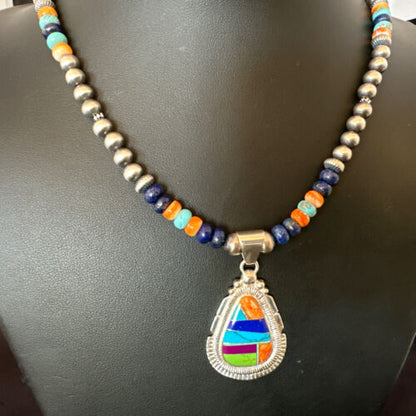 Navajo Lapis Spiny Oyster Turquoise Inlay Pendant Necklace | Sterling Silver | 21" | Authentic Native American Handmade | 16628