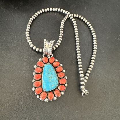 Navajo Turquoise Spiny Oyster Cluster Pendant Necklace | Sterling Silver | Native American Handmade | 17152