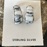 Navajo White Buffalo Turquoise Inlay Earrings | Sterling Silver | 0.5" | 16742