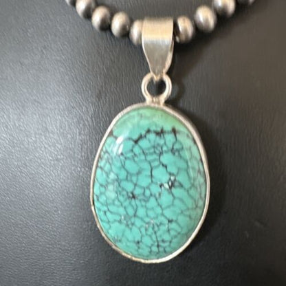 Navajo Blue Spiderweb Turquoise Pendant Necklace | Sterling Silver | Authentic Native American Handmade | 16292