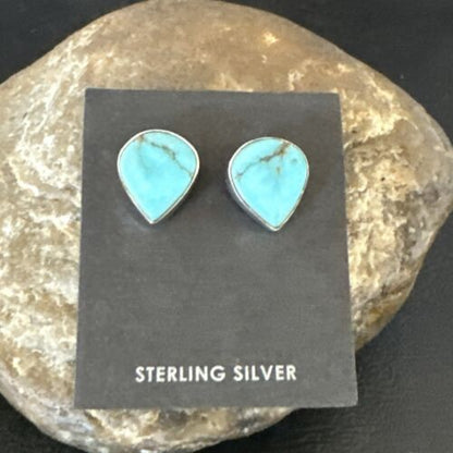 Navajo Blue Kingman Turquoise Post Stud Earrings | Sterling Silver | Authentic Native American Handmade | 17467
