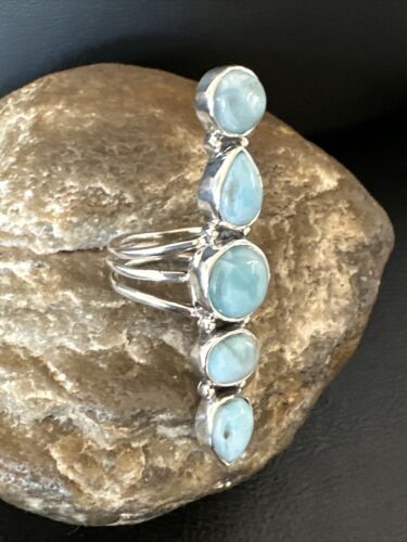 Navajo Blue Larimar Cluster Ring | Authentic Native American Sterling Silver | Multi-Stone | Sz 7.5 | 15943