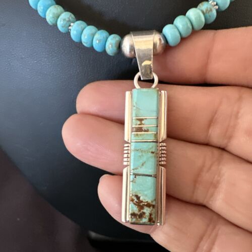 Men's and Women's Turquoise #8 Inlay Pendant Necklace | Navajo Sterling Silver | Authentic Native American Handmade | 17058