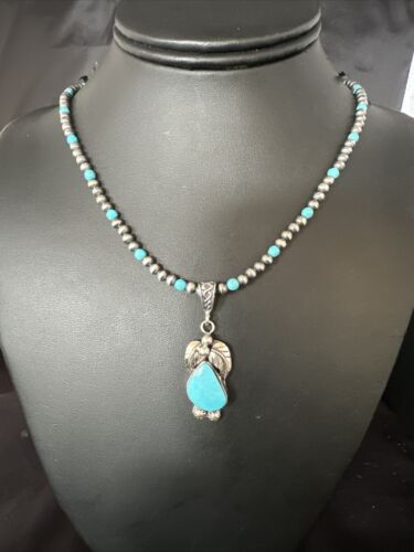 Navajo Pearls Kingman Turquoise Pendant Necklace | Sterling Silver | Authentic Native American Handmade | 14890