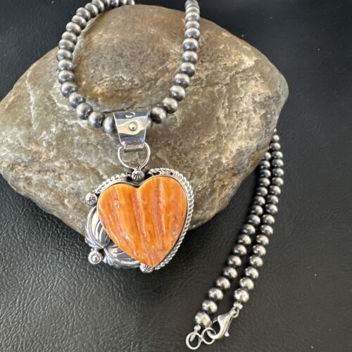 Navajo Orange Spiny Oyster Heart Pendant Necklace | Sterling Silver | Authentic Native American Handmade | 16413